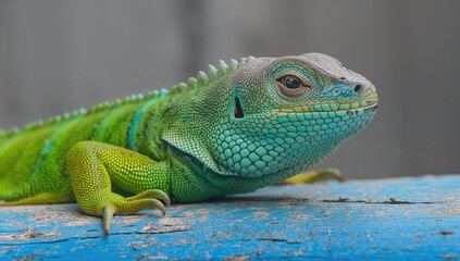 Naklejka premium Close-up of a young green and blue iguana on a blue wooden surface