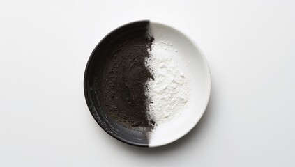 A round plate featuring a dual-colored powder split clearly, set against a plain white backdrop. background, pattern, abstract, design, concept, white, animal, black, chicken, bird