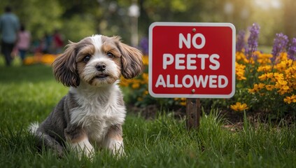 Canine positioned before a prohibited pet sign at a recreational area