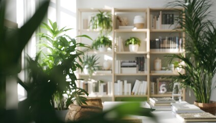 Fototapeta premium Sunlit room with a warm bookshelf, green plants, neatly arranged books, and a peaceful setting for reading and unwinding