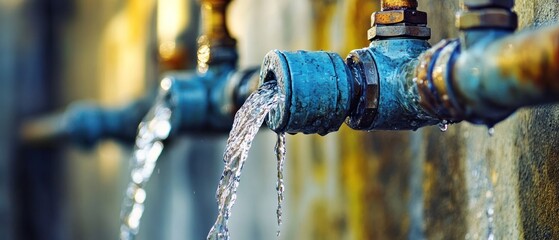 Water flowing from weathered pipe close up view rustic texture