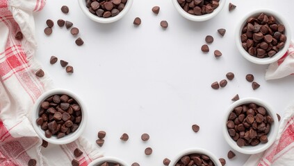 White bowls filled with dark chocolate chunks on a patterned cloth
