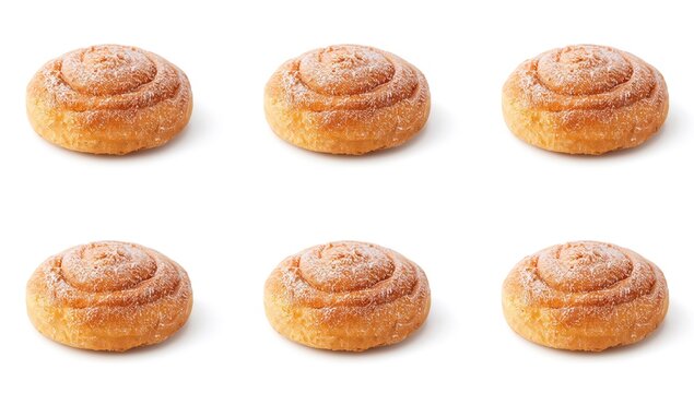 Set of six cinnamon roll buns dusted with powdered sugar on a white backdrop, shown from various angles