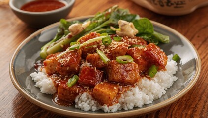 Fototapeta premium Spicy Tofu Dish Served with Rice, Scallions, and Bok Choy - Vegan Asian Cuisine
