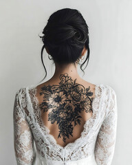 Floral Back Tattoo with Lace Dress &ndash; Elegant Contrast of Ink and Bridal Style.
