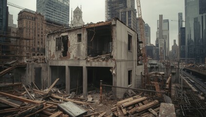 Fototapeta premium Destruction of structures within city areas. Residential property left in decay.