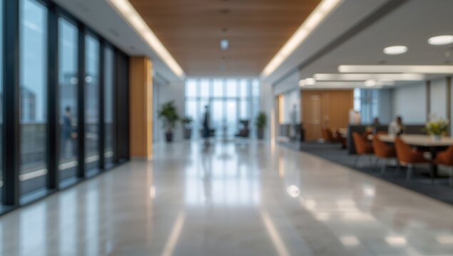 Out-of-focus backdrop of a vividly illuminated corridor inside a contemporary skyscraper office, showcasing stylish design features, an open floor plan, and a welcoming environment for workers.
