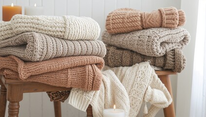 Warm knitted garments piled on a rustic chair alongside candles, evoking a cozy seasonal vibe perfect for autumn and winter with ample space for text.