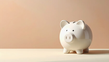 White ceramic piggy bank on a neutral tone background featuring a minimal design with no people present