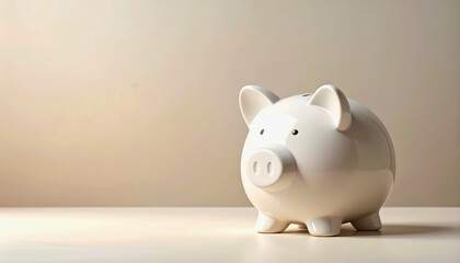 White ceramic piggy bank on a neutral tone background featuring a minimal design with no people present