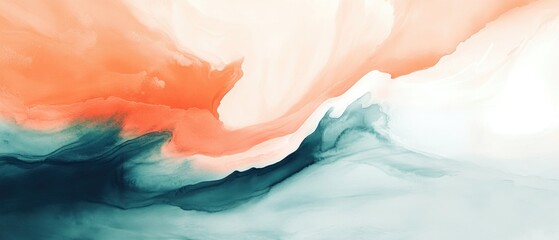 Abstract fluid art painting teal orange white background design texture
