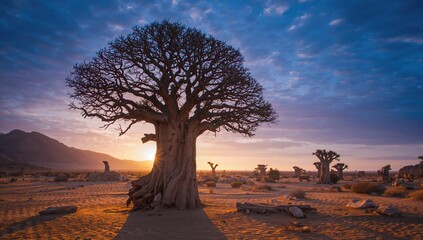 Baobab bottle trees in a remote island setting at sunrise