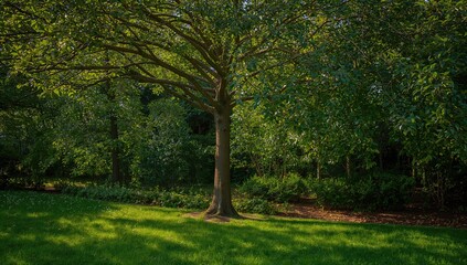 Fototapeta premium Lush foliage and grassy parkland scene, natural woods and garden greenery