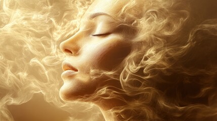 Ethereal woman profile golden smoke serene beauty wellness mystical art