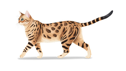 Realistic bengal cat with brown spotted fur, walking pose, detailed texture, transparent background PNG