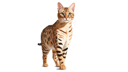 Realistic bengal cat with brown spotted fur, walking pose, detailed texture, transparent background PNG