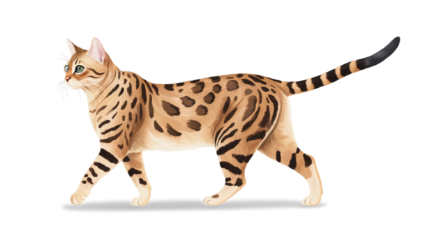 Realistic bengal cat with brown spotted fur, walking pose, detailed texture, transparent background PNG