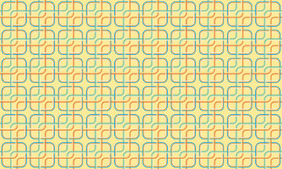 Vibrant retro geometric seamless pattern with interlocking rounded square lines on a yellow background, evoking a vintage 70s style for modern design
