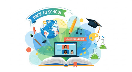 Back to school online learning concept with virtual classroom technology and diverse educational elements