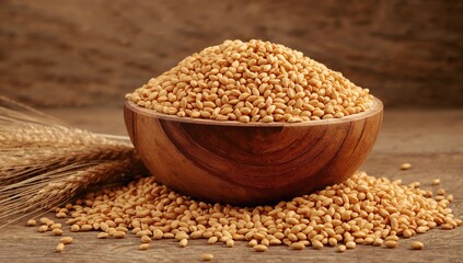 Grains of Wheat Displayed in a Rustic Wooden Container