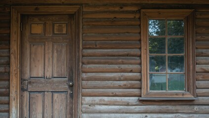 Rustic wooden wall with door and window textures