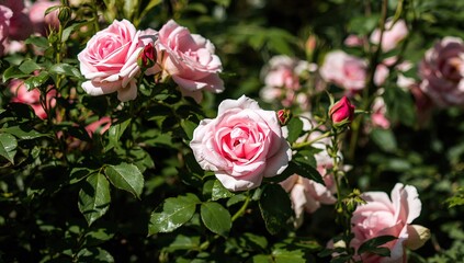 Gorgeous pink and white roses blossoming in a garden setting during spring and summer daylight