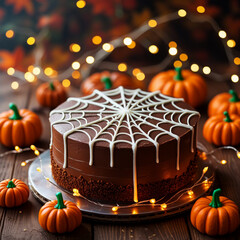 Delicious chocolate halloween cake with spiderweb decoration and pumpkins