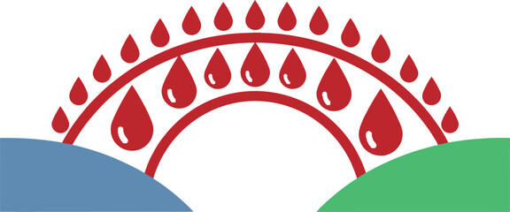 Abstract of red drops in arch over blue and green shapes.