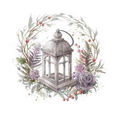 Watercolor lantern with floral elements, fern, roses and berries. Autumn or Christmas composition.	
