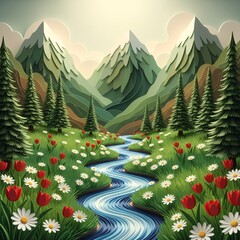Serene Mountain Valley Scene With Blooming Meadow, Stream, And Pine Forest