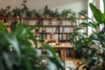 Fototapeta premium A cozy reading nook filled with lush greenery and countless books, set against a softly blurred backdrop.