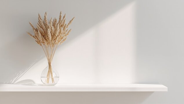 Minimalist interior decor featuring dried plant with cottonseed straw in a chic glass vase on floating shelves, creating a serene and uplifting ambiance