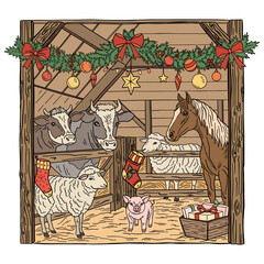 Hand-drawn doodle illustration of a cozy Christmas farm barn decorated with garlands and bows. Cute animals — horse, cow, pig, and sheep — surrounded by hay and holiday warmth.
