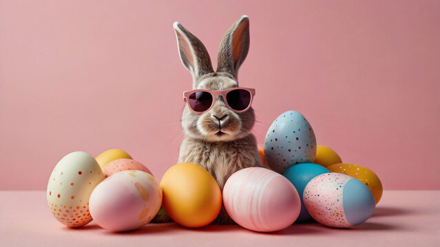 A cool Easter bunny wearing pink sunglasses sits beside a row of colorful painted Easter eggs against a vibrant pink background