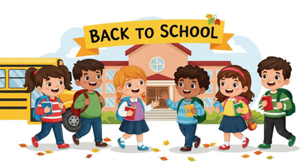 Excited Diverse Students Carrying Backpacks Walk Towards School Building