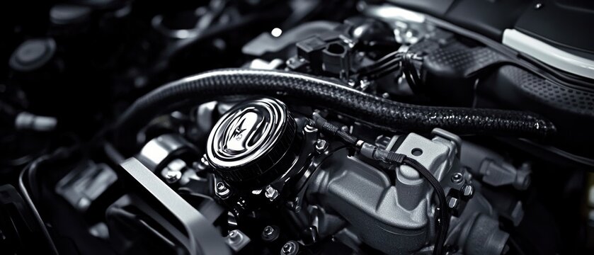 Detailed closeup of a vehicle engine monochrome mechanical parts automotive technology