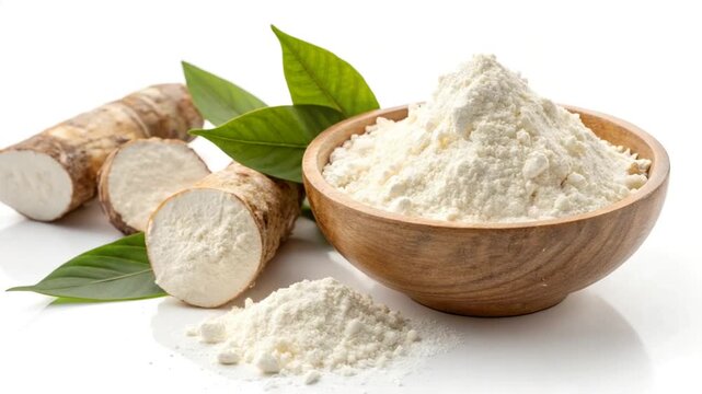 Organic cassava root starch manihot esculena isolated on white background.