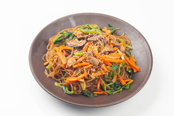 Japchae is a dish made by stir-frying vegetables, mushrooms, meat, and other ingredients and mixing them with boiled glass noodles.

