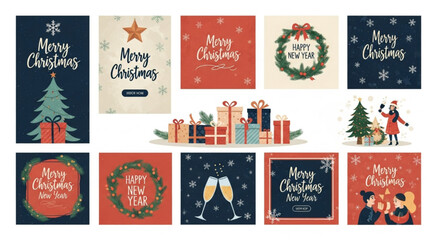 Festive Christmas and New Year greeting card collection with seasonal illustrations