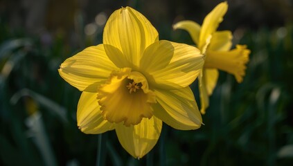 Fototapeta premium Close-up of a yellow daffodil blooming in the early days of spring, showcasing natural beauty in the garden
