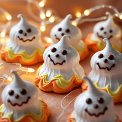 Spooky ghost meringues with festive halloween lights