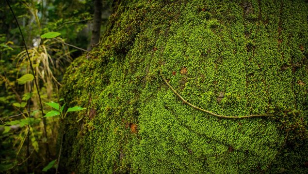 Detailed view of green and yellow moss covering tree bark in a natural forest setting - Powered by Adobe