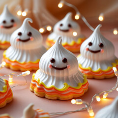 Spooky ghost meringues with festive halloween lights