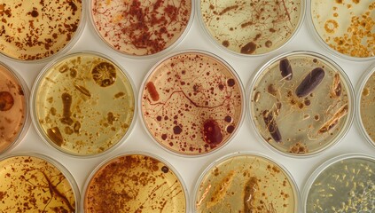 Set of cultural dishes showing microorganism growth on various agar media backgrounds, isolated samples, medical and pharmaceutical laboratory context