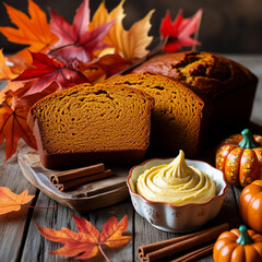 Delicious autumn pumpkin bread with butter and fall decorations