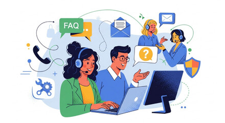 Customer Service Team Offering Support and Assistance Online Illustration