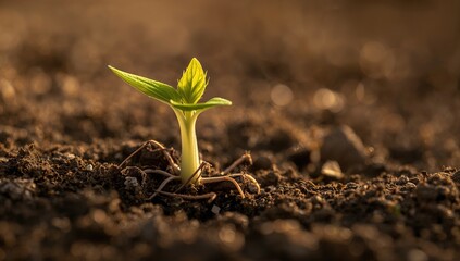 Fototapeta premium Detailed View of a Sunflower Seedling Emerging from the Earth