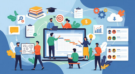 Business team using technology for project planning, scheduling, and strategic workflow management