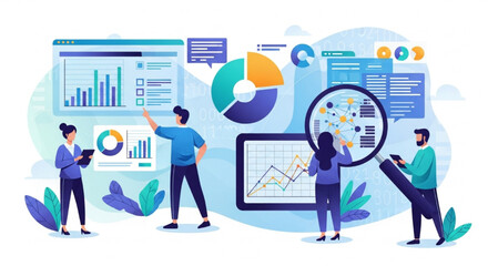 Business team collaborating on data analysis, using charts and graphs for market research and strategy