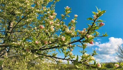 Branches of an apple tree with soft pink blossoms and fresh leaves under a bright blue sky on a sunny spring afternoon - horizontal shot